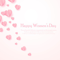Happy Women s Day greeting card with cut out paper hearts. Vector.