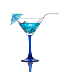 Blue cocktail in glass isolated on white background. - Image