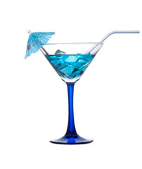 Blue cocktail in glass isolated on white background. - Image
