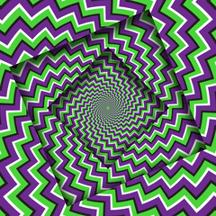 Abstract turned frames with a rotating purple green zigzag stripes pattern. Optical illusion hypnotic background.