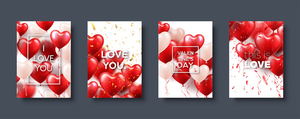 Valentines day abstract card template, banner with red heart balloons. Romantic wedding love background. Vector set.