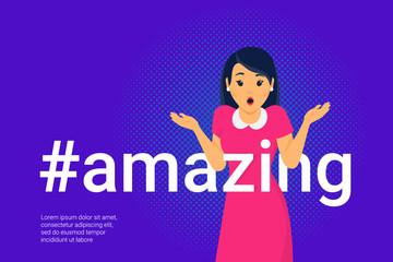Hashtag amazing concept vector illustration of amazed young woman with open mouth