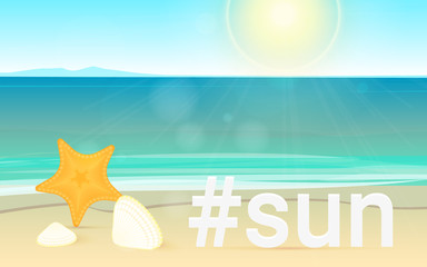 Fototapeta na wymiar Hashtag sun concept bright vector illustration of landscape summer beach and sea for tropical resort