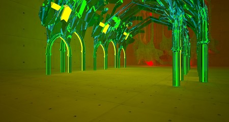 Abstract  Concrete Futuristic Sci-Fi Gothic interior With Green And Red Glowing Neon Tubes . 3D illustration and rendering.