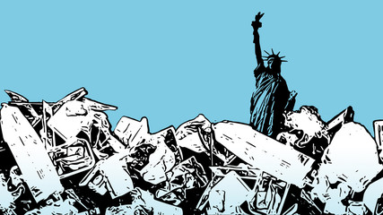 Illustration of a garbage mountain in New York. Waste in modern society. Plastic waste in pop art with statue of liberty © U_WD