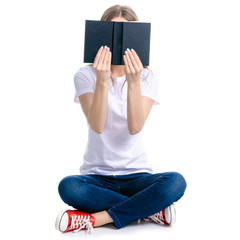 Fototapeta premium Woman sitting reading book on white background isolation