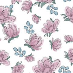 Seamless pattern with flowers and leaves. Hand drawn background. Floral pattern for wallpaper or fabric.  Magnolia flower pattern.