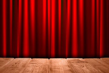 Wooden table with empty space and shiny red silk curtain background