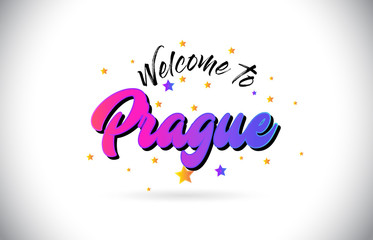 Prague Welcome To Word Text with Purple Pink Handwritten Font and Yellow Stars Shape Design Vector.