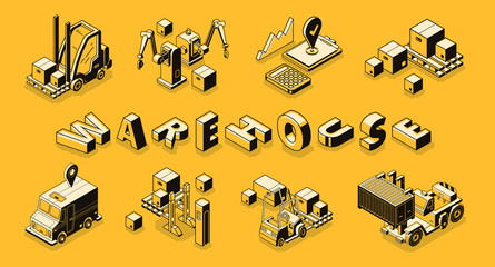 Commercial warehouse line art, isometric vector banner. Goods shipping service, cargo and freights transportation, business logistics technologies concept. Delivery company machines illustrations set © vectorpouch