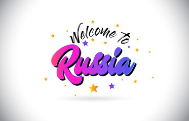 Russia Welcome To Word Text with Purple Pink Handwritten Font and Yellow Stars Shape Design Vector.