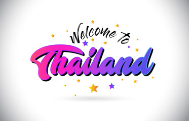 Thailand Welcome To Word Text with Purple Pink Handwritten Font and Yellow Stars Shape Design Vector.