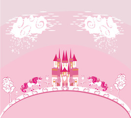 Beautiful unicorn and fairy-tale princess castle card
