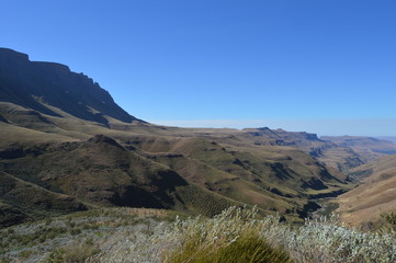 Greenery in Sani pass under blue sky near Lesotho South Africa border