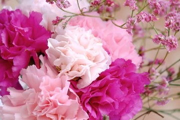 Close up a colorful bouquet of sweet carnation flowers with a branch of sweet pink statice for background backdrop 