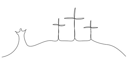 Religious easter background with calvary hill of the cross and jesus silhouettes one line drawing, vector illustration.