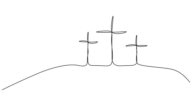 Religious easter background with calvary hill of the cross and jesus silhouettes one line drawing, vector illustration.