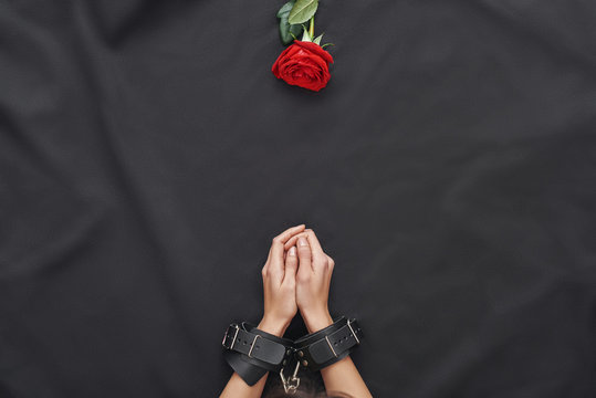 Explore your sexual fantasies. Top view of female hands wearing black leather handcuffs and red rose against of black silk