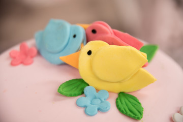 Cake on the table theme of birds and garden