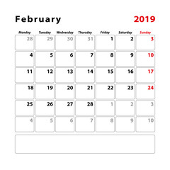 Calendar 2019 february start monday