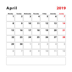 Calendar 2019 april start monday