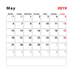 Calendar 2019 may start monday