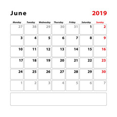 Calendar 2019 june start monday
