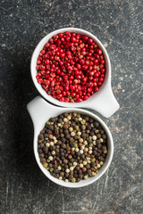 Different types of dried peppercorn.