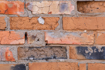 old wall with rough masonry and crumbling bricks