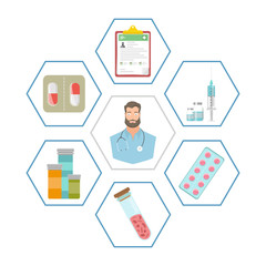 Online doctor concept with medical icons set. Online medical service, consultation and support, medical assistance by internet.  Vector illustration.