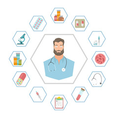 Online doctor concept with medical icons set. Online medical service, consultation and support, medical assistance by internet.  Vector illustration.