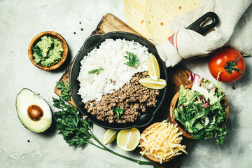 Mexican food - burrito and ingredients, copy space