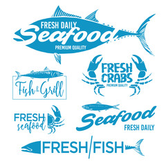 Set of seafood logos. Grill, crab, restaurant logo collection made in vector. Seafood badges, labels and design elements.