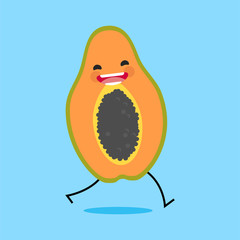 papaya (Carica papaya) with cute face. Illustration funny and healthy food cartoon. Blue background