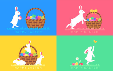Set easter greeting card with easter rabbit and bunny with colored eggs in basket
