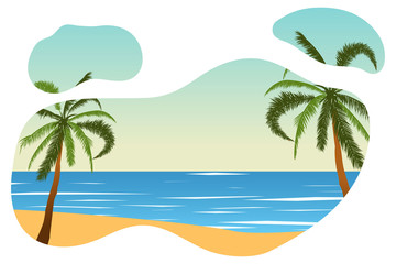 Tropical landscape. Palm, sand, ocean on background. Vector illustration