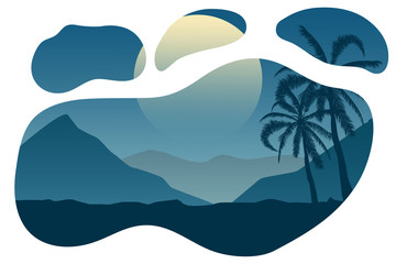 Tropical landscape. Palm, sand, ocean on background. Vector illustration