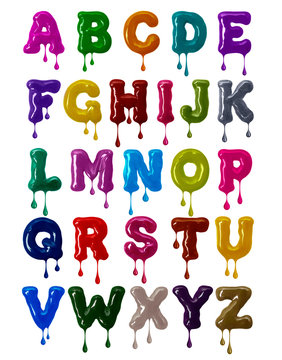 Latin alphabet bold font made of colorful glaze with falling drops in high resolution (part 1. Letters)