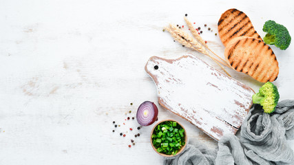 Kitchen wooden board with ingradents. cooking concept. Top view. Free copy space.