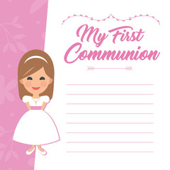 My first communion invitation with message on pink background. Vector