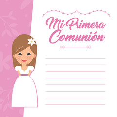 My first communion invitation with message on pink background. Vector