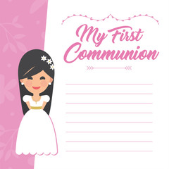 My first communion invitation with message on pink background. Vector