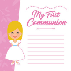 My first communion invitation with message on pink background. Vector