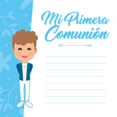 My first communion invitation with message on blue background. Vector