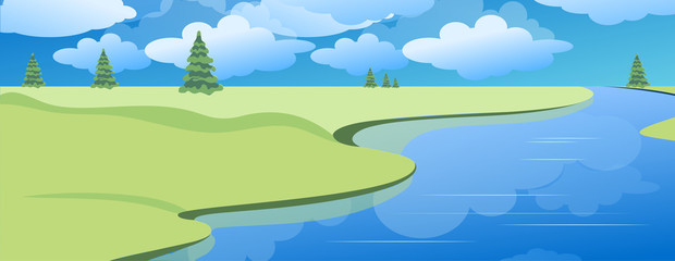 Fototapeta na wymiar Spring or summer landscape with green meadows, clouds, trees, river and blue sky. Vector cartoon image of nature.
