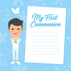 My first communion invitation with message on blue background. Vector