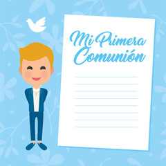 My first communion invitation with message on blue background. Vector
