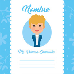 My first communion invitation with message on blue background. Vector