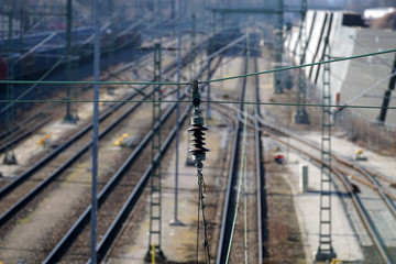 Railroad and railroad tracks photographed from a bridge in Regensburg in good light 