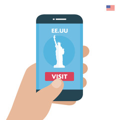 Buy ticket. United States Travel. Payment smartphone concept. Visit city